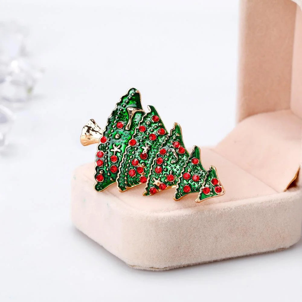 Elegant Christmas Tree Alloy Enamel Brooch With Red Rhinestones, Festive Lapel Pin Corsage Gift for Women