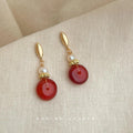 Natural Freshwater Pearl Red Agate Geometric Round Palace Style Drop Earrings