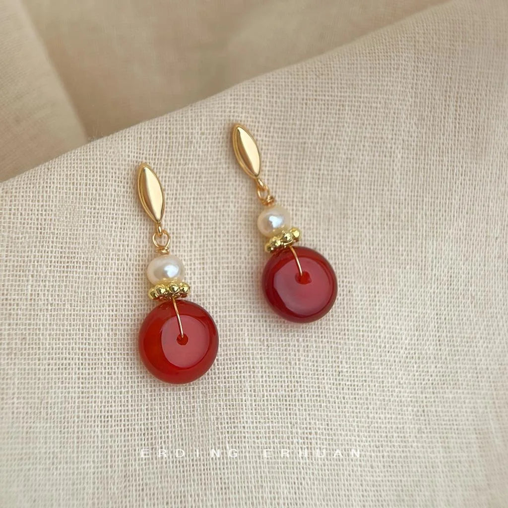 Natural Freshwater Pearl Red Agate Geometric Round Palace Style Drop Earrings