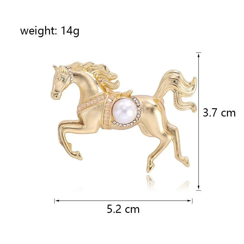 Elegant Gold Alloy Galloping Horse Brooch With Faux Pearl And Rhinestones, Luxury Lapel Pin Suit Accessory