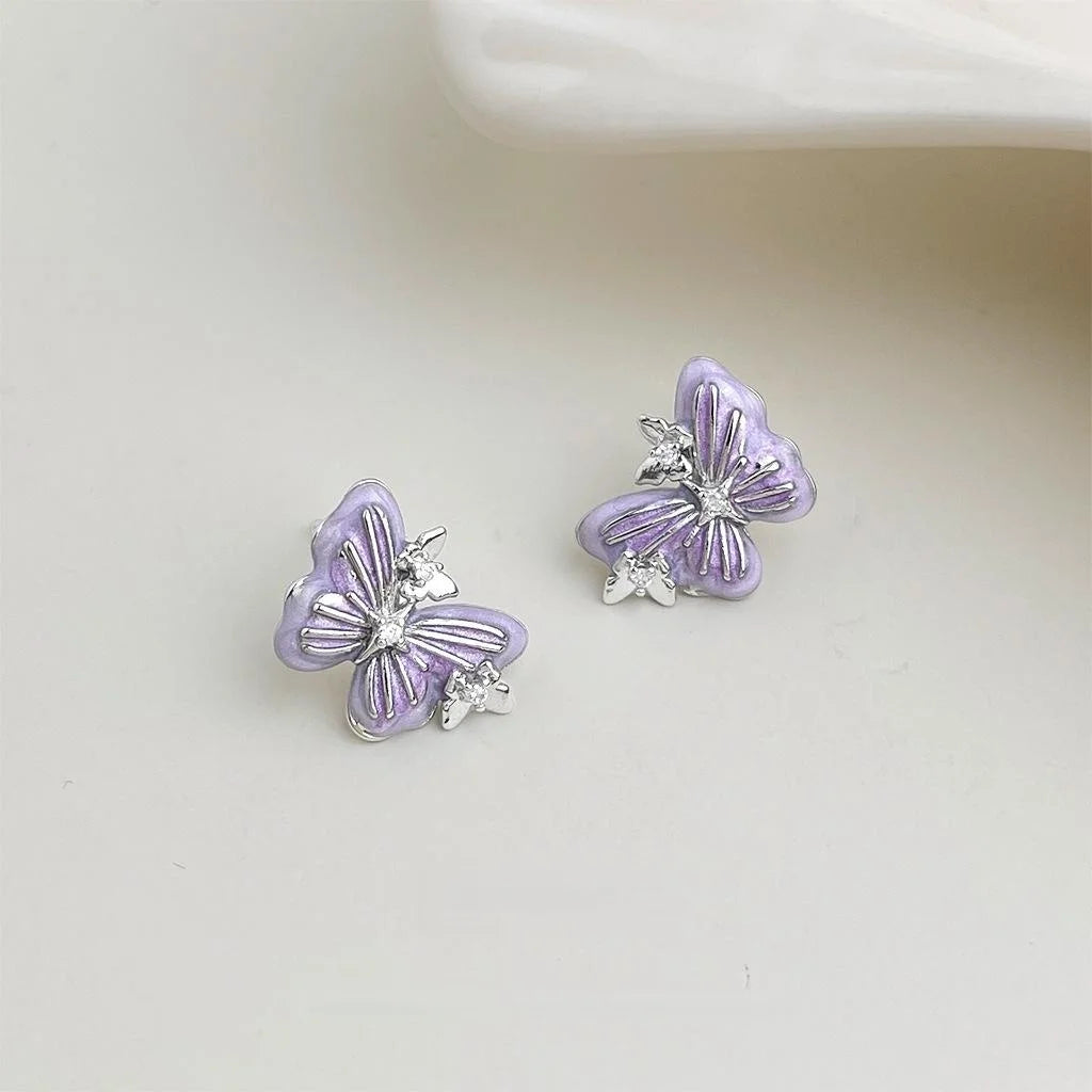 Purple Butterfly Enamel Drip Glaze Copper Zircon Fairy Style Stud Earrings