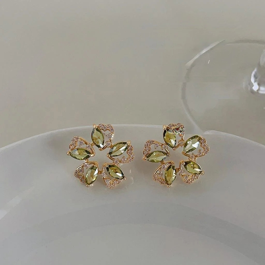 14K Plated Copper Olive Green Zircon Flower Stud Earrings For Women Fashion Jewelry