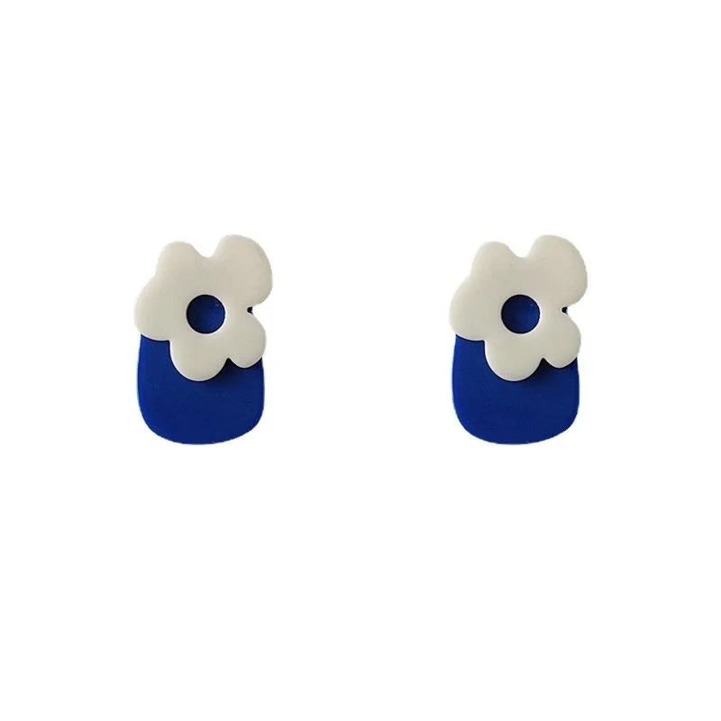 Klein Blue Silver Plated Copper Floral Round Stud Earrings, Hong Kong Style Korean Fashion