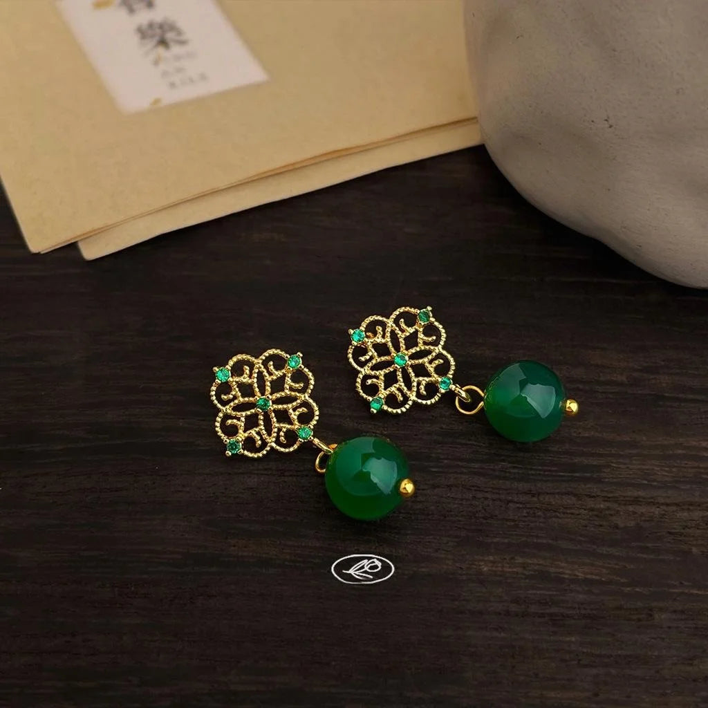 Vintage French 14K Gold Plated Copper Green Agate Zircon Micro Pave Stud Earrings