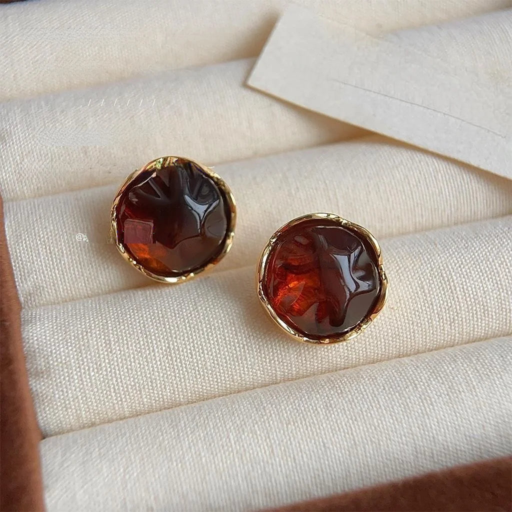 Vintage Maillard Style Round Resin Stud Earrings, French 3D Geometric Copper