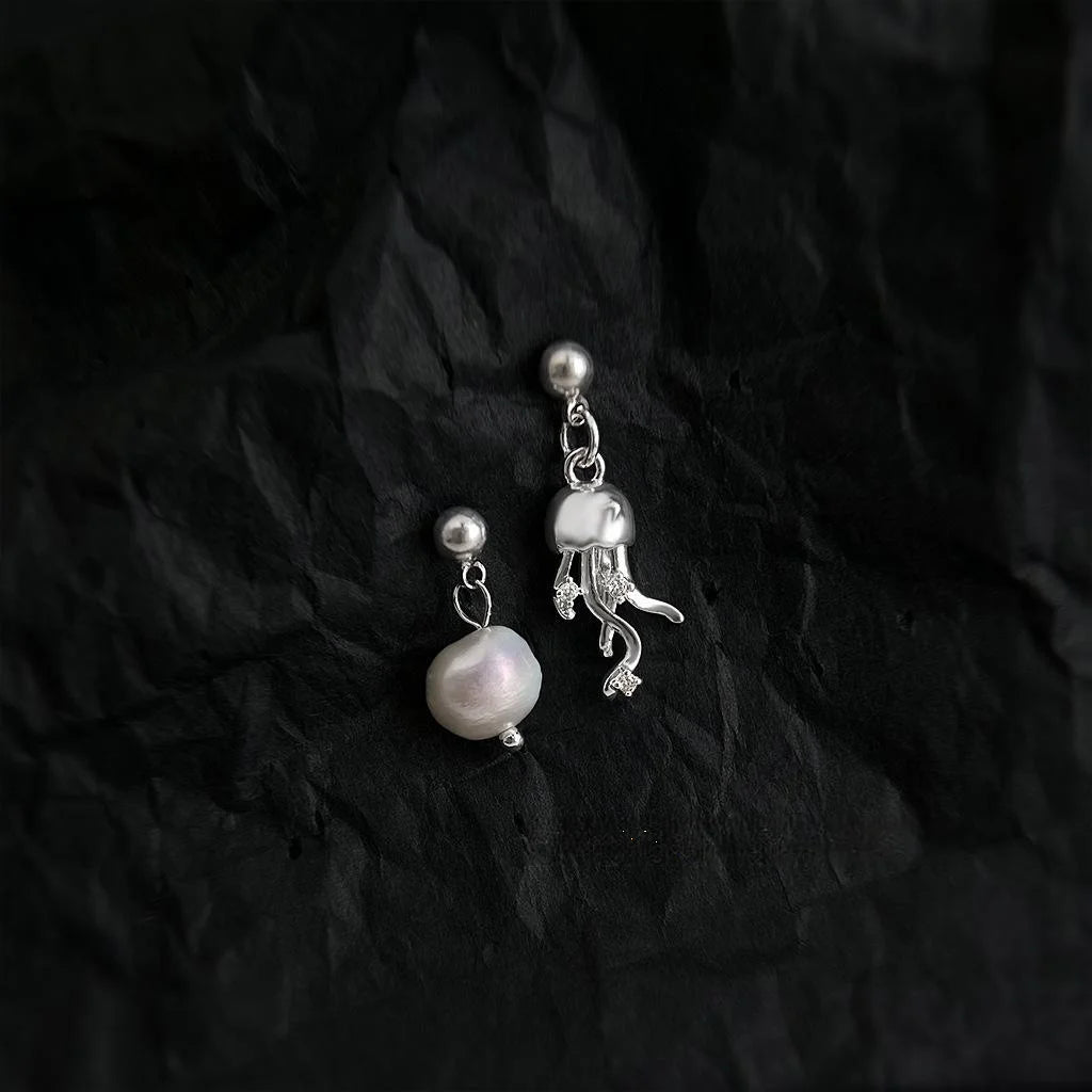 Asymmetric Baroque Freshwater Pearl Jellyfish Drop Earrings With Silver Plated Pins