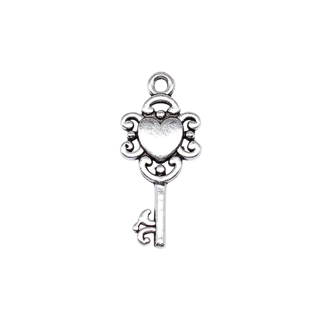 26x12mm 1.3g Antique Silver Zinc Alloy Heart Key Charm Pendant for DIY Handmade Jewelry Making
