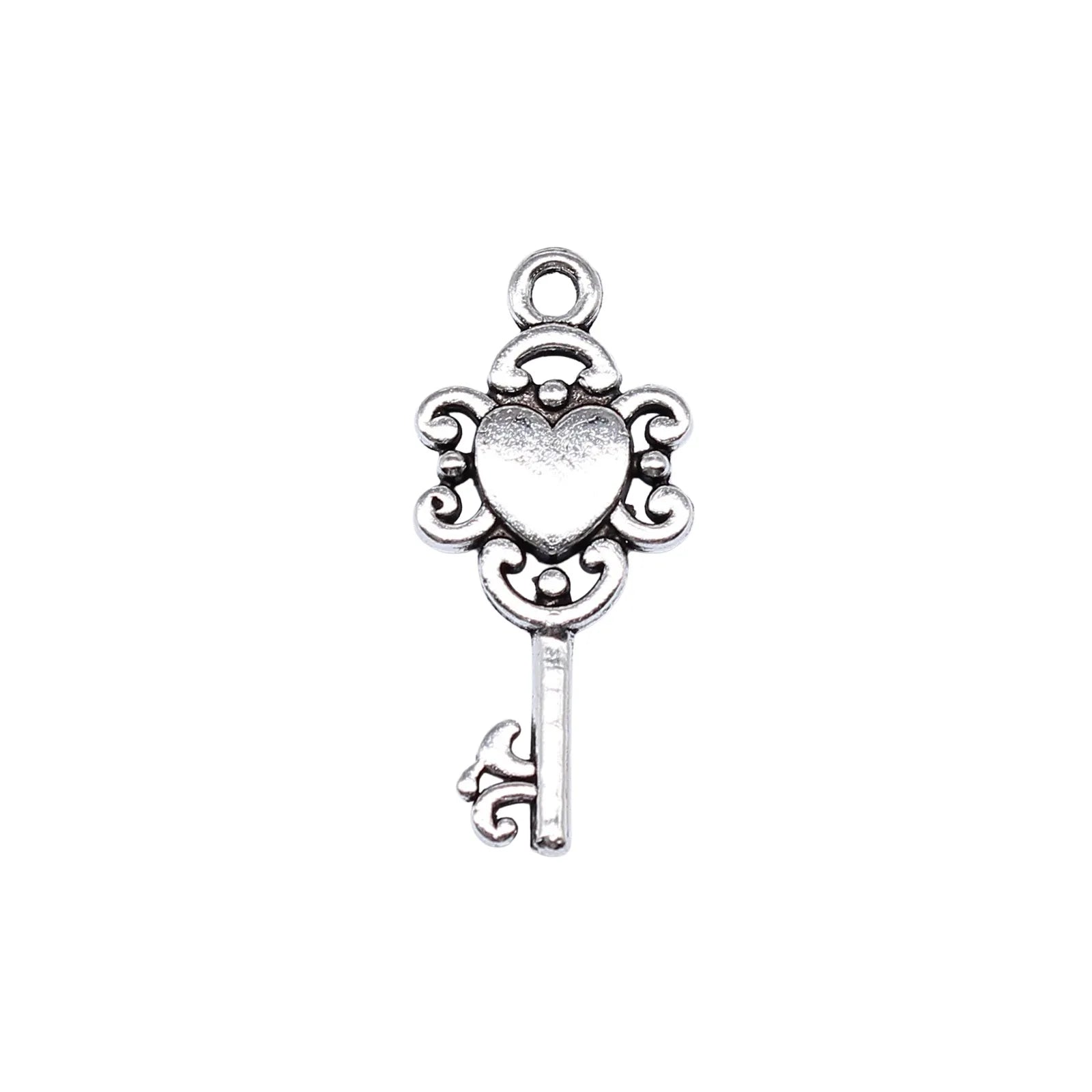26x12mm 1.3g Antique Silver Zinc Alloy Heart Key Charm Pendant for DIY Handmade Jewelry Making