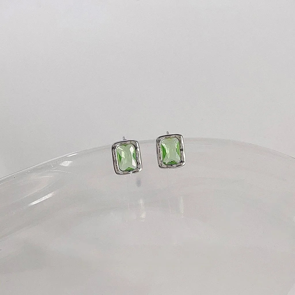 Icy Green Zircon Micro Pave Copper Stud Earrings, Geometric Square Minimalist Luxury Office Jewelry