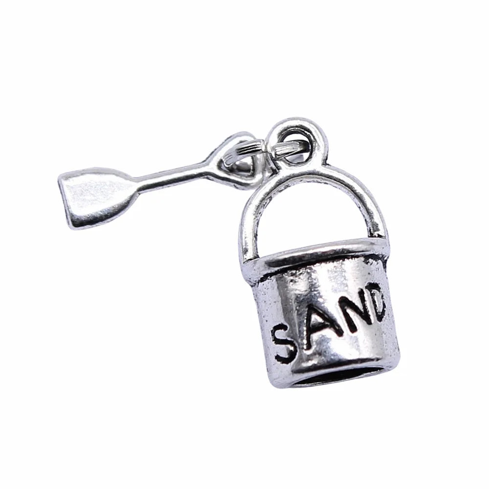 28x9mm 2g Antique Silver Zinc Alloy Beach Bucket and Shovel Charm Pendant for DIY Jewelry Making