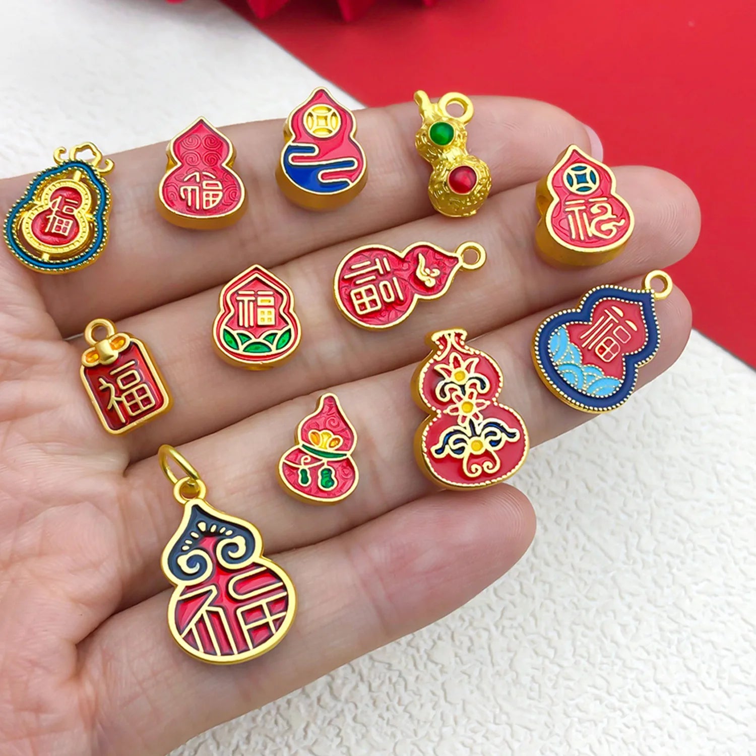 Ancient Gold Zinc Alloy Gourd Fu Character Bead for Bracelet Necklace DIY