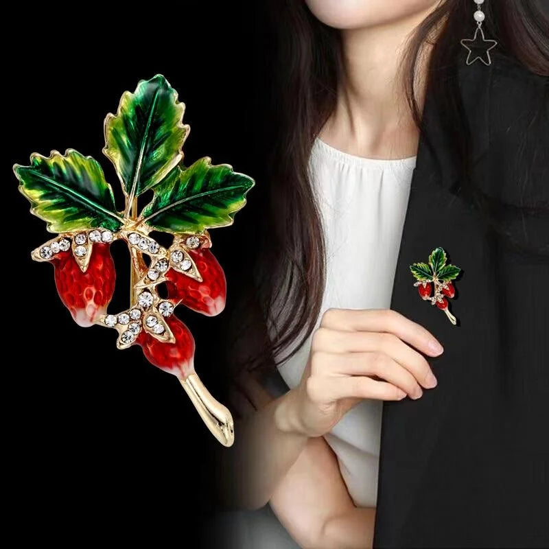 Elegant Enamel Red Berry Leaf Brooch With Rhinestone Zircon, Luxury Alloy Lapel Pin Corsage Gift