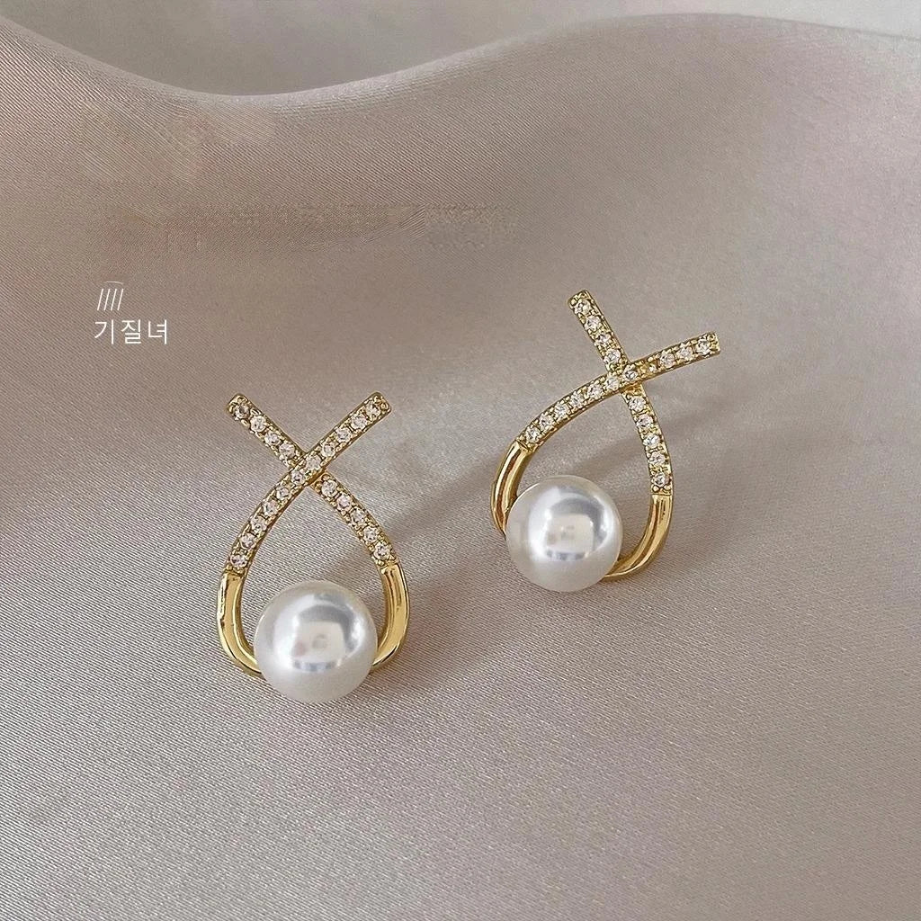 French Vintage Geometric Cross Pearl Stud Earrings With Micro Pave Zircon Copper Jewelry