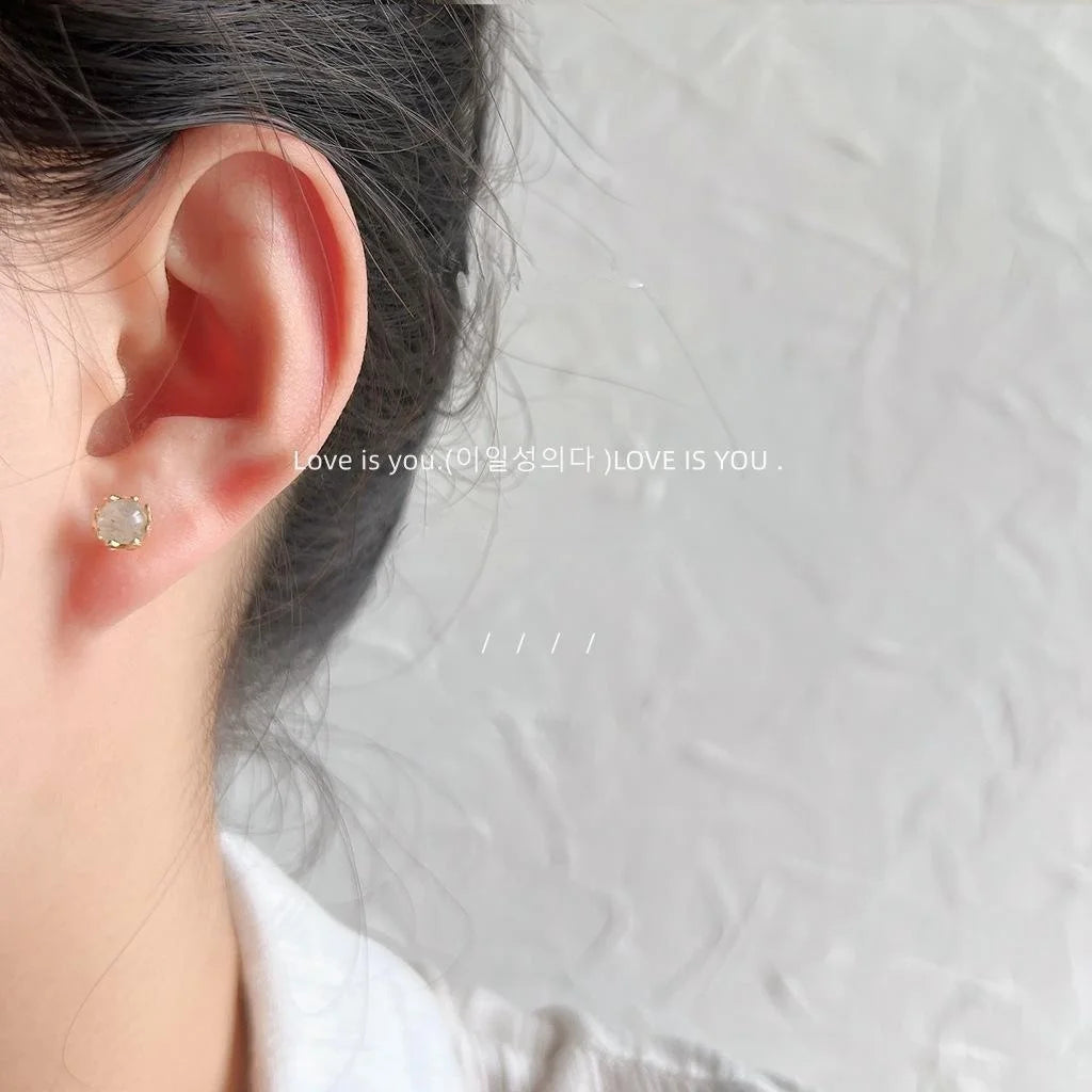 Natural Stone Green Phantom Round Stud Earrings 14K Plated Mini Fresh Style