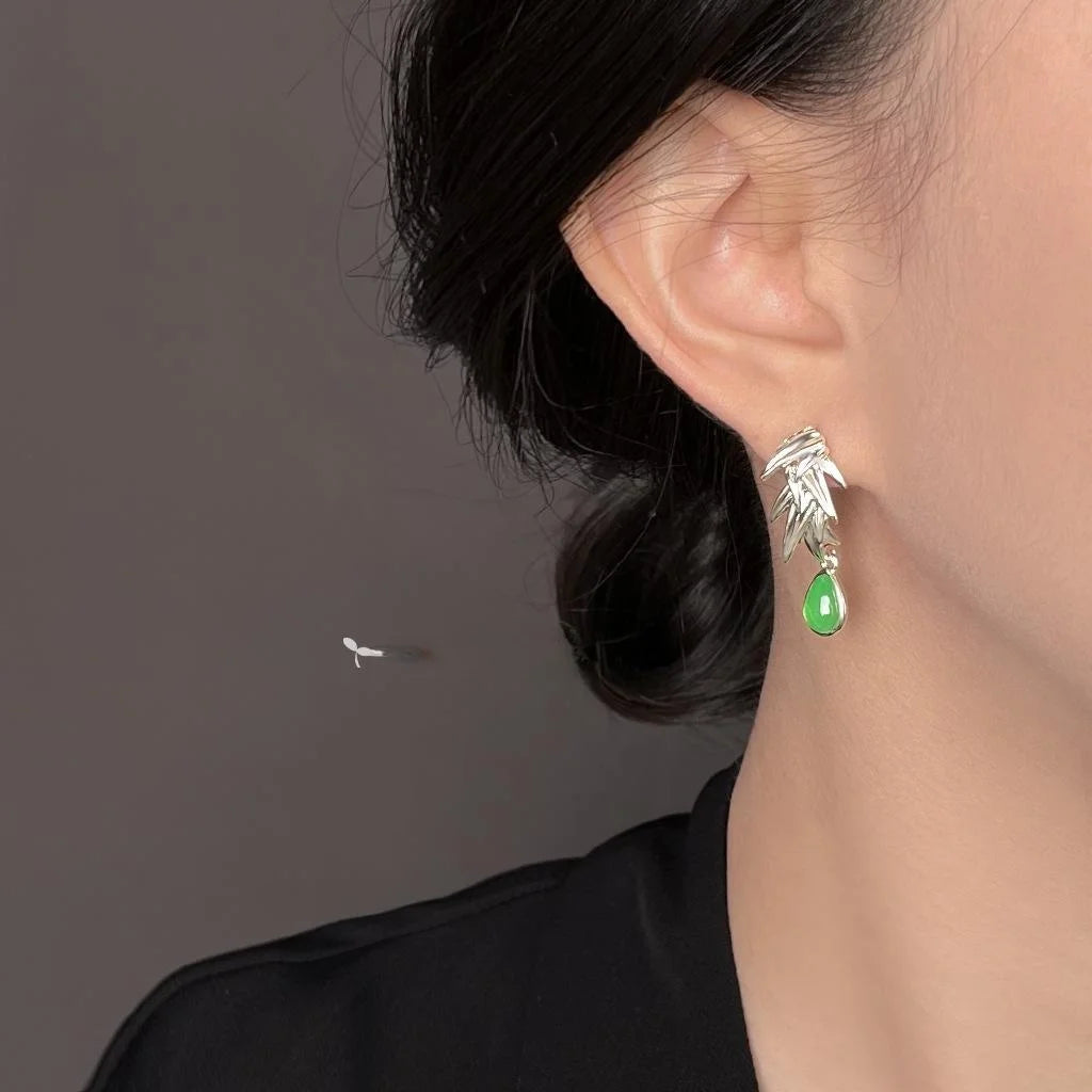 Vintage Silver Plated Copper Bamboo Leaf Drop Earrings New Chinese Ethnic Style Jewelry