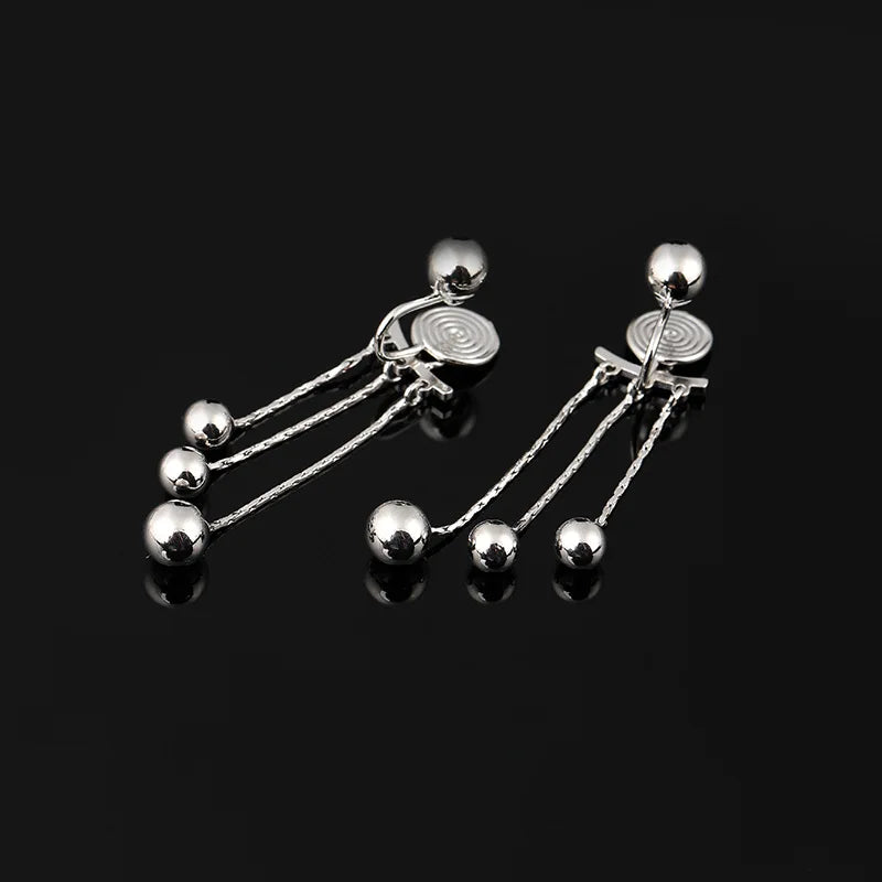 Elegant Alloy Metal Ball Spiral Tassel Drop Stud & Clip On No Piercing Back Hanging Earrings