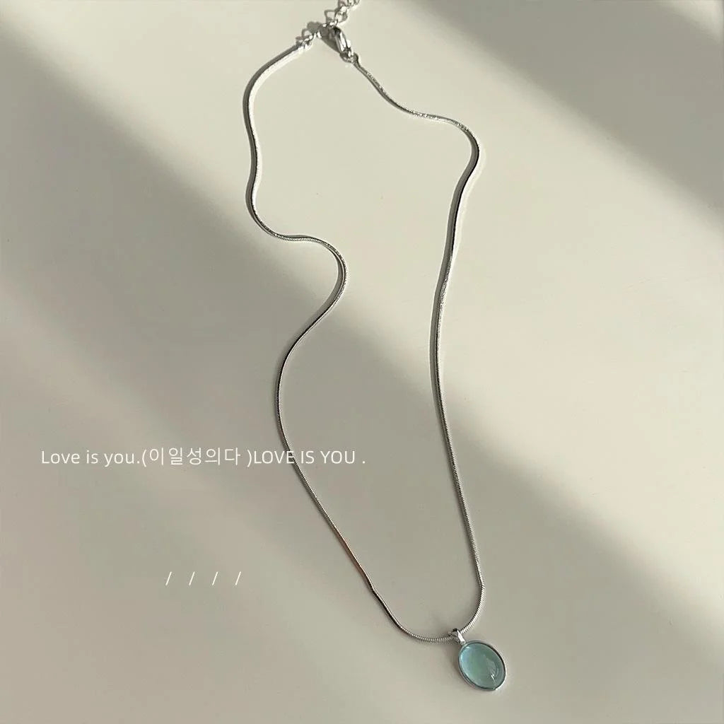 Copper Aquamarine Color Oval Geometric Necklace Elegant Transparent Collarbone Chain