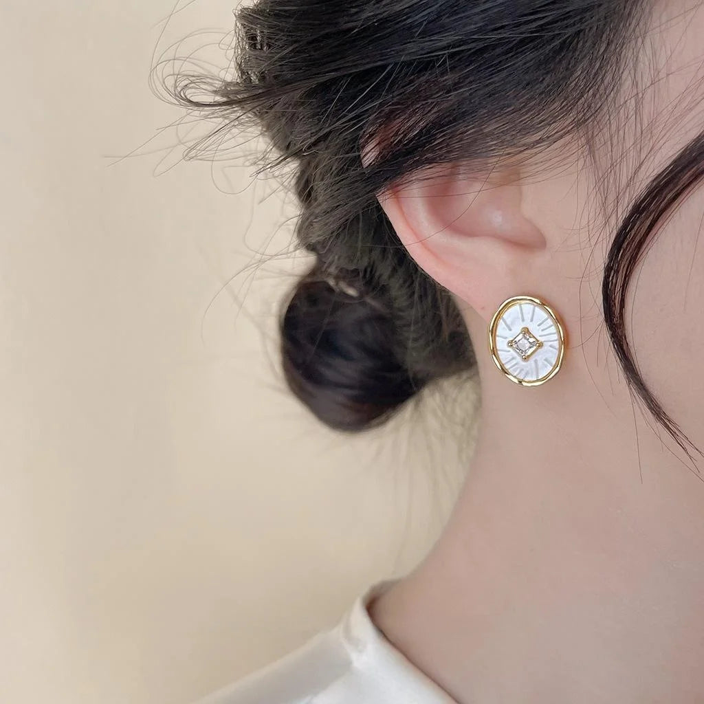 14K Gold Plated Copper Oval Geometric Micro Pave Zircon Drop Earrings Light Luxury Vintage Style