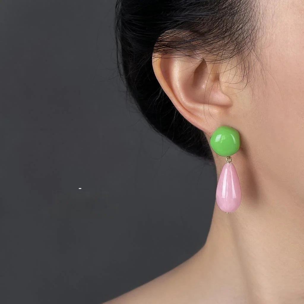 New Chinese Style Resin Teardrop Drop Earrings Pink Green Contrast Vintage Statement Jewelry