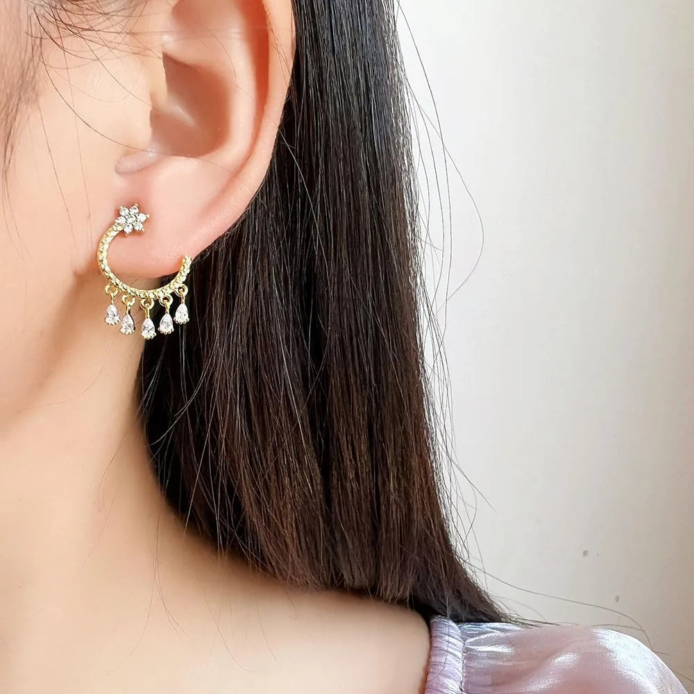 Elegant C Shape Hoop Spiral Disc Stud & Clip On No Piercing Alloy Rhinestone Teardrop Dangle Earrings
