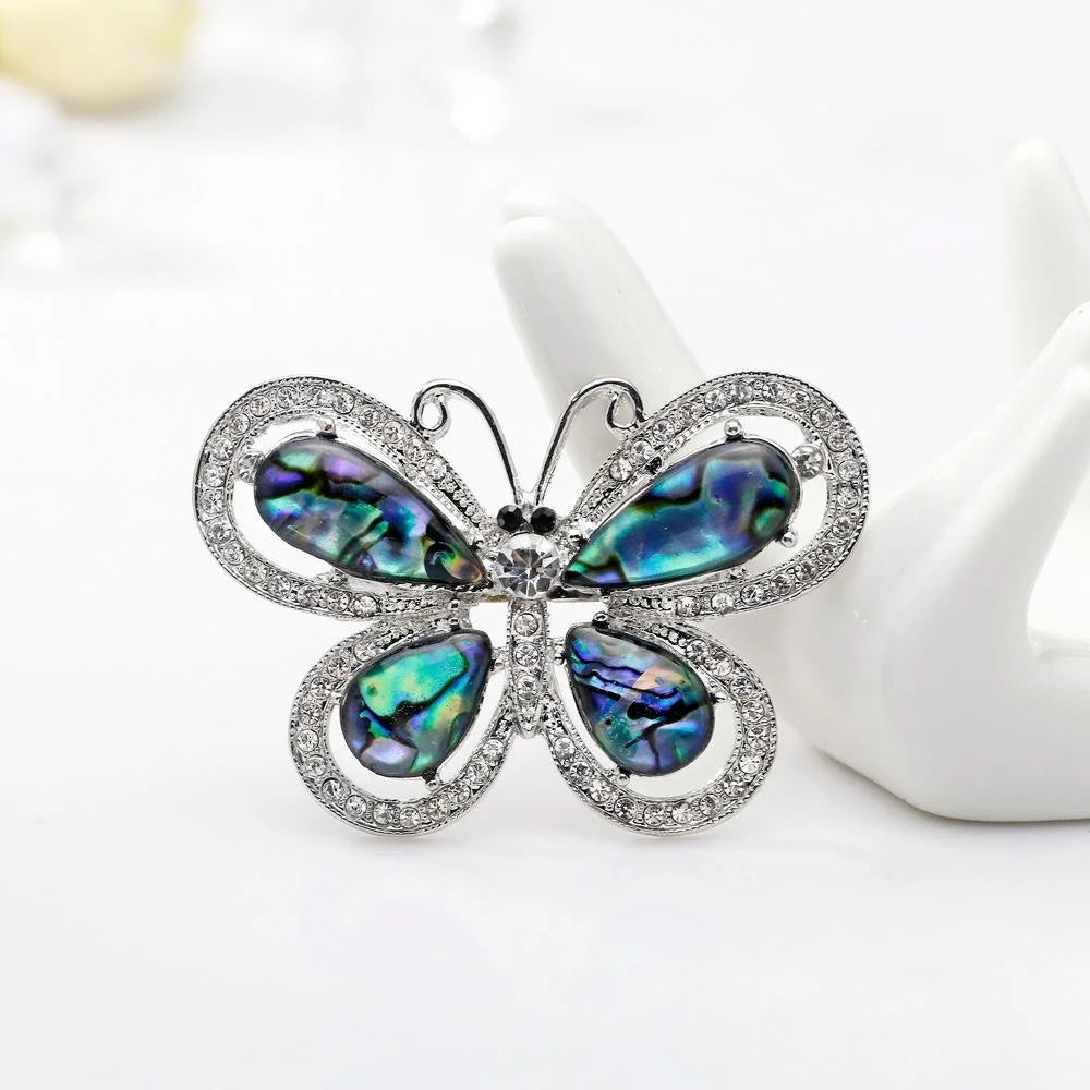 Elegant Butterfly Mother Of Pearl Rhinestone Brooch, Luxury Abalone Shell Lapel Pin Corsage Suit Accessory