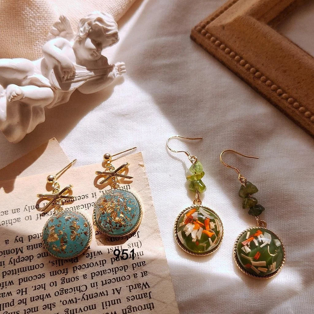 14K Silver Plated Natural Stone Round Geometric Fairy Style Stud Earrings For Women