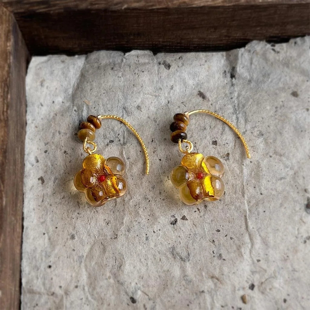 Vintage Maillard Handmade Liuli Glass Flower Tiger Eye Stone Copper Drop Earrings For Women