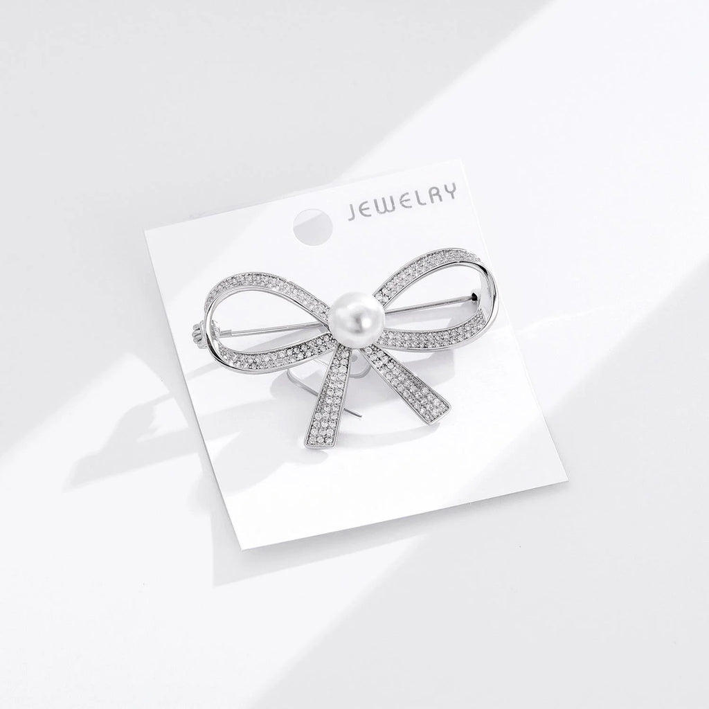 Elegant Pearl Bow Brooch With Micro Pave Rhinestones, Copper Gold Plated Lapel Pin Corsage Gift