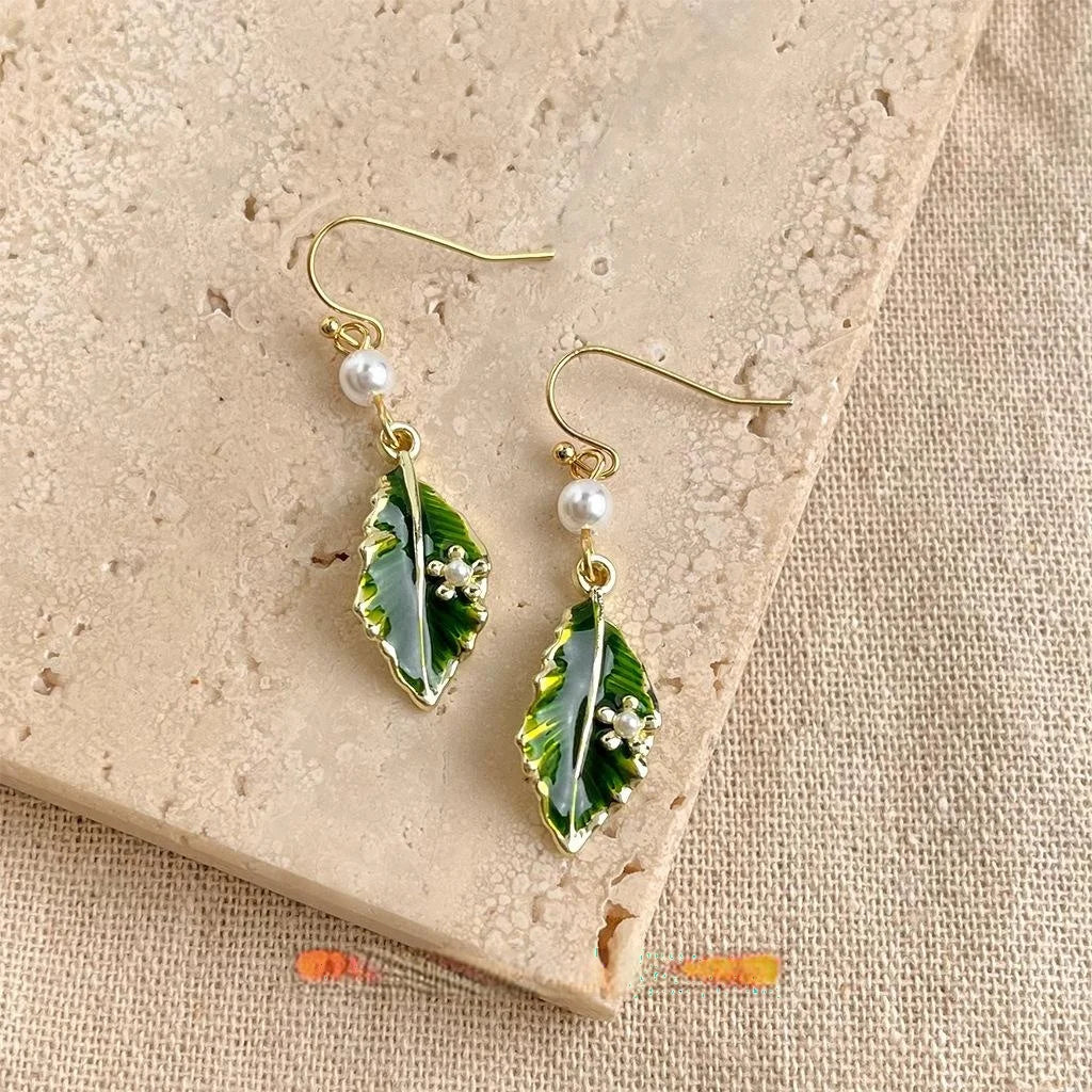 Fresh Sweet Enamel Glazed Leaf Drop Earrings Handmade Copper Posts Forest Style
