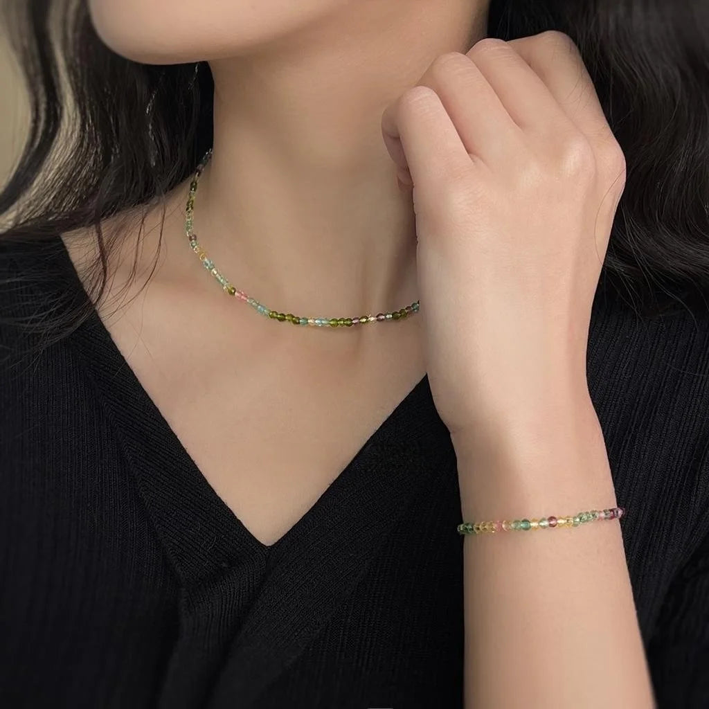 Glass Crystal Bead Necklace Colorful Handmade Forest Style Geometric Round Collarbone Jewelry