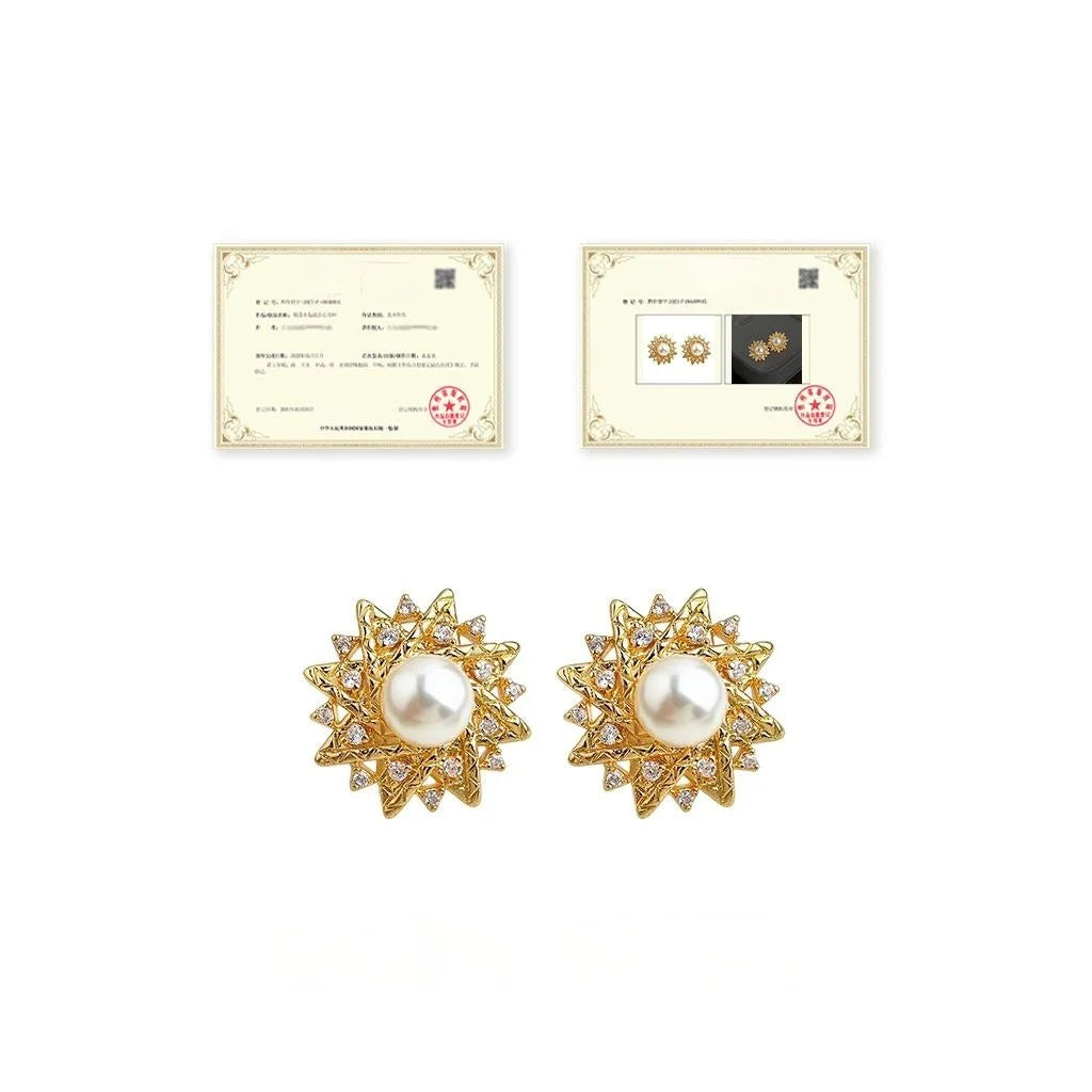 High Luster Pearl And Zircon Sun Geometric Micro Pave Stud Earrings Light Luxury Jewelry