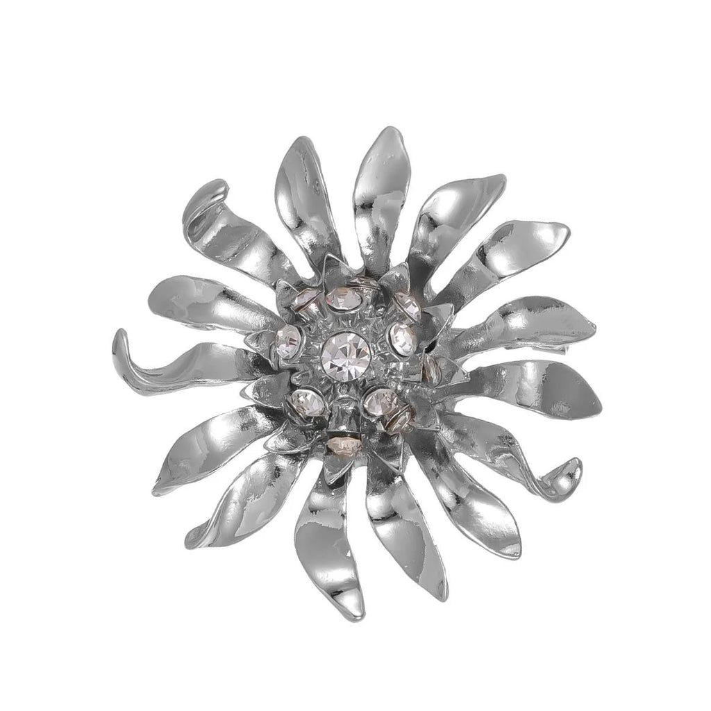 Elegant Silver Alloy Flower Brooch With Rhinestone Center, Luxury Lapel Pin Corsage For Coat Sweater Gift