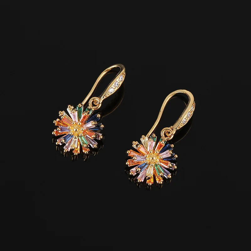 Luxury Colorful Zircon Daisy Flower Drop Stud & Clip On No Piercing Gold Alloy Spiral Hoop Earrings