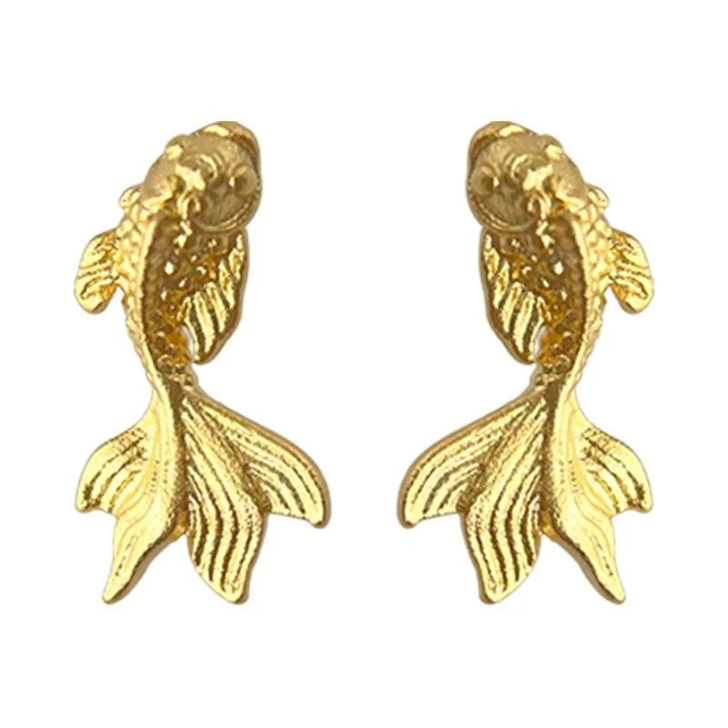 New Chinese Matte Electroplated Copper Goldfish Koi Stud Earrings For New Year Jewelry