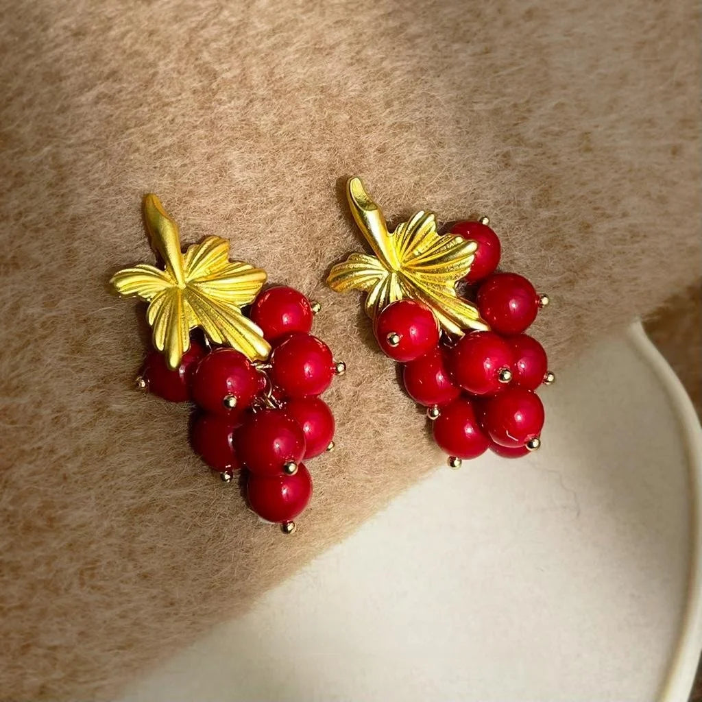 Ankora Style Red Grape Cluster Tassel Drop Earrings Handmade Copper Resin