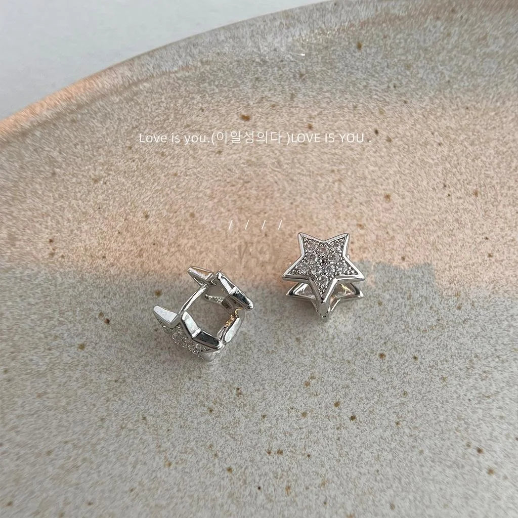 Silver Tone Copper Five Point Star Stud Earrings With Micro Pave Zircon Minimalist Cool Style