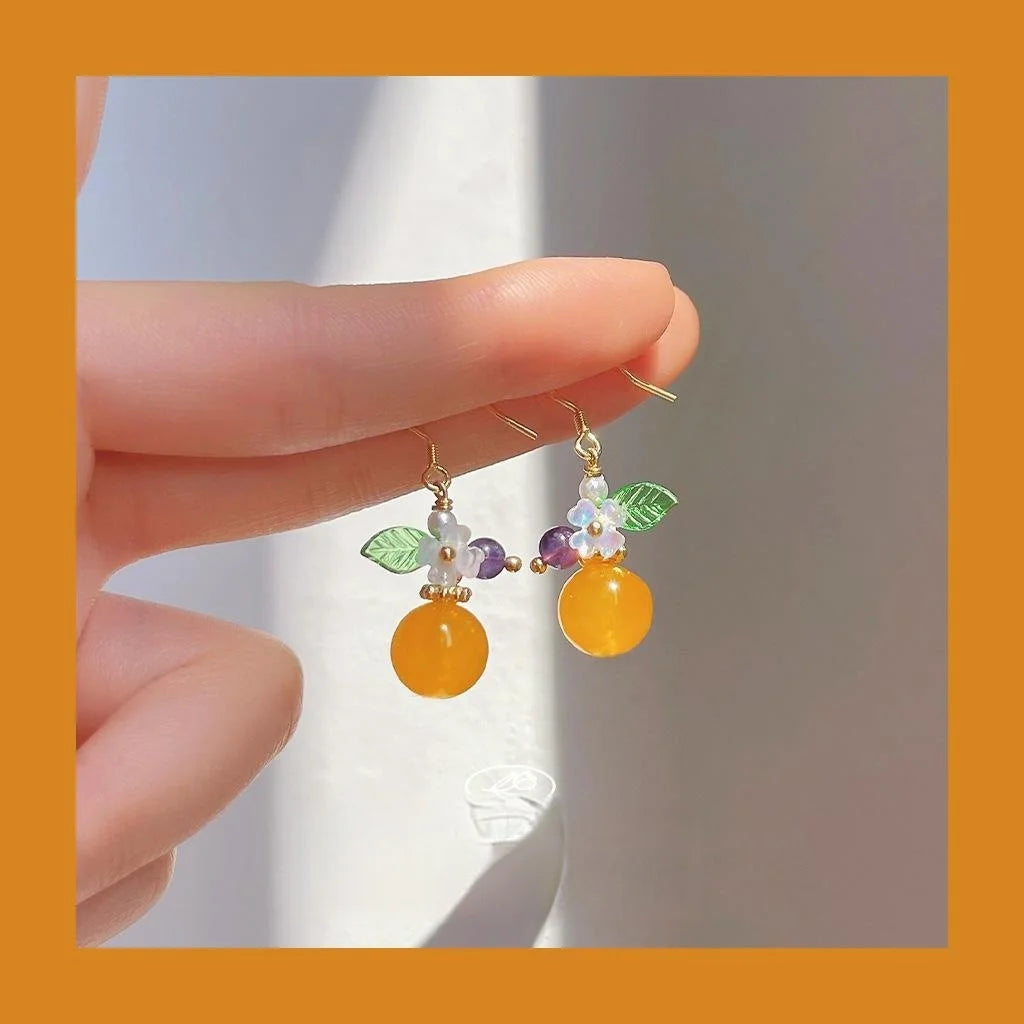 Sweet Pastoral Yellow Jade Flower Drop Earrings, Silver Plated Copper Handmade Jewelry