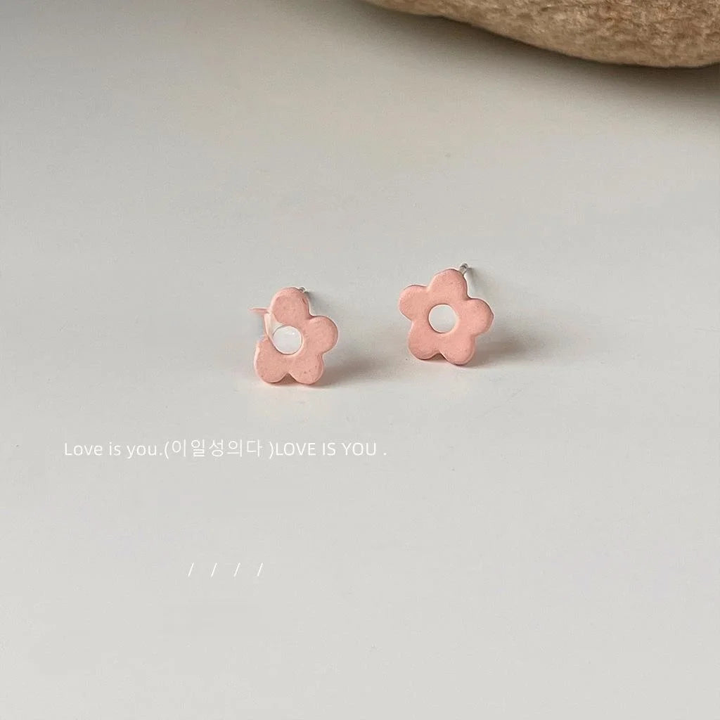 Korean Japanese Style Alloy Pink Enamel Hollow Flower Mini Stud Earrings