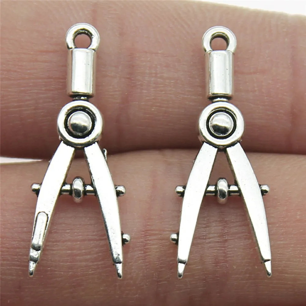 11x28mm 1.5g Antique Silver Zinc Alloy Drafting Compass Charm Pendant for Tool Theme Jewelry