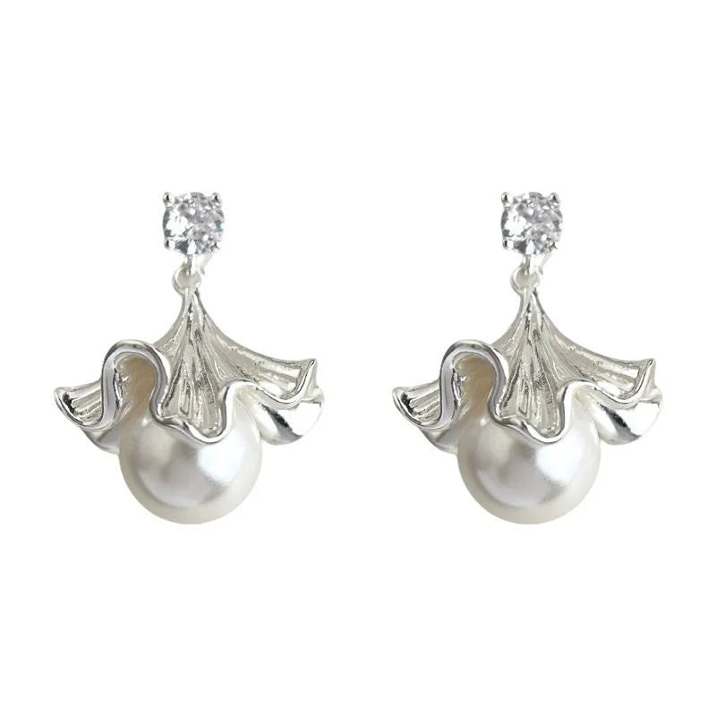 Copper French Chic Floral Petal Skirt Hem Drop Earrings With Zircon Glass Pearl