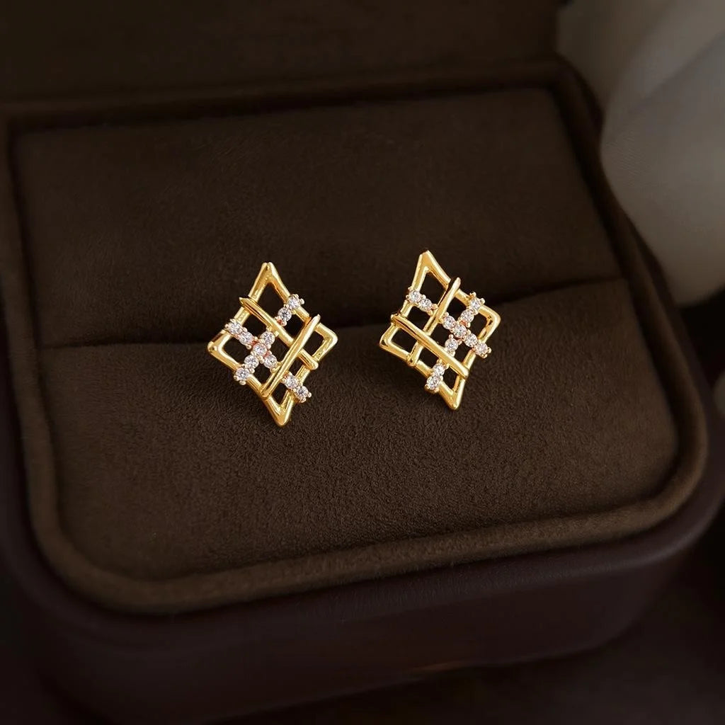 Light Luxury Geometric Zircon Grid Stud Earrings, Copper Alloy