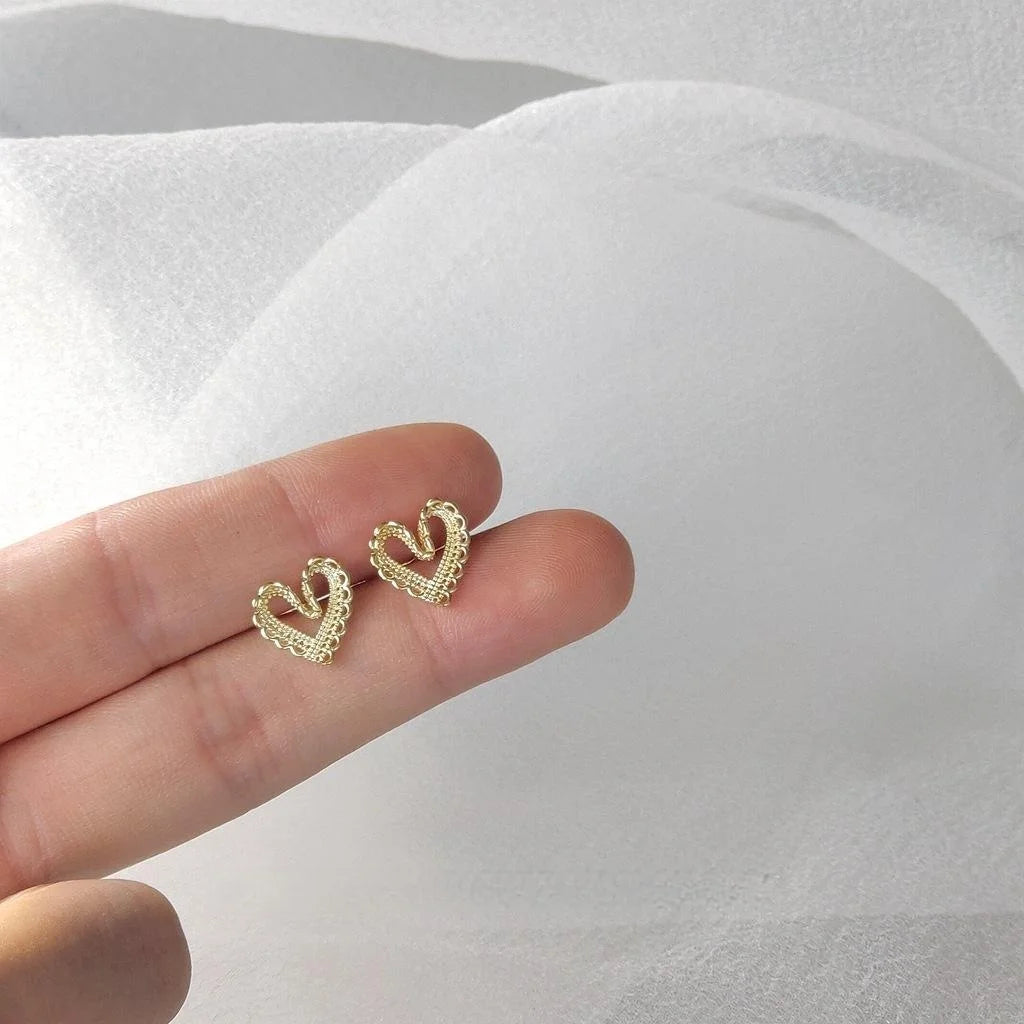 Fresh Sweet Lace Hollow Heart Stud Earrings 14K Plated Copper Korean Style