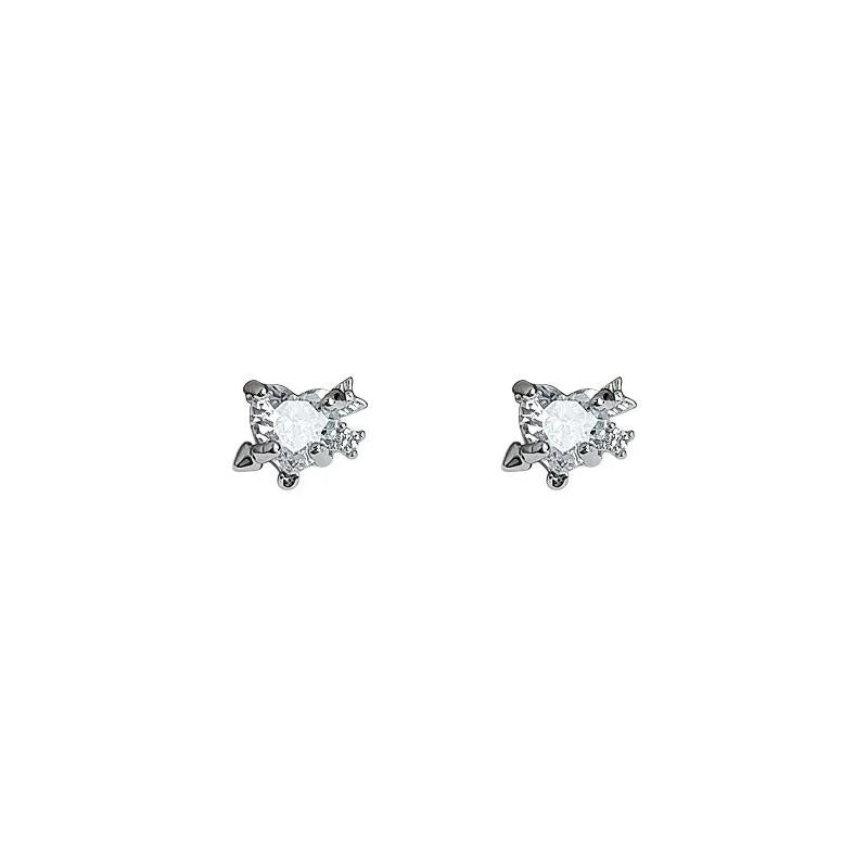 Mini Zircon Arrow Through Heart Copper Stud Earrings, Silver Plated Style Daily Jewelry