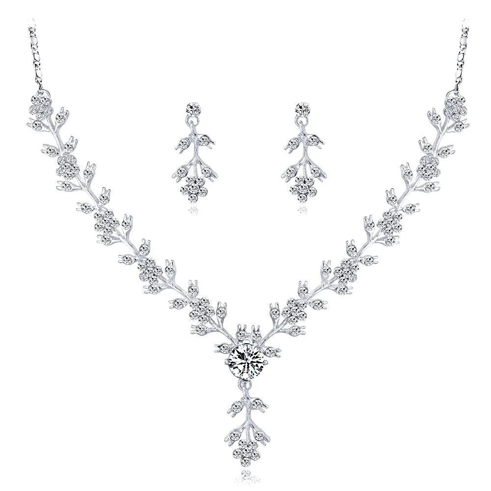 Elegant Silver Alloy Rhinestone Vine Flower Necklace And Earrings Jewelry Set For Bridal Wedding Party Gift