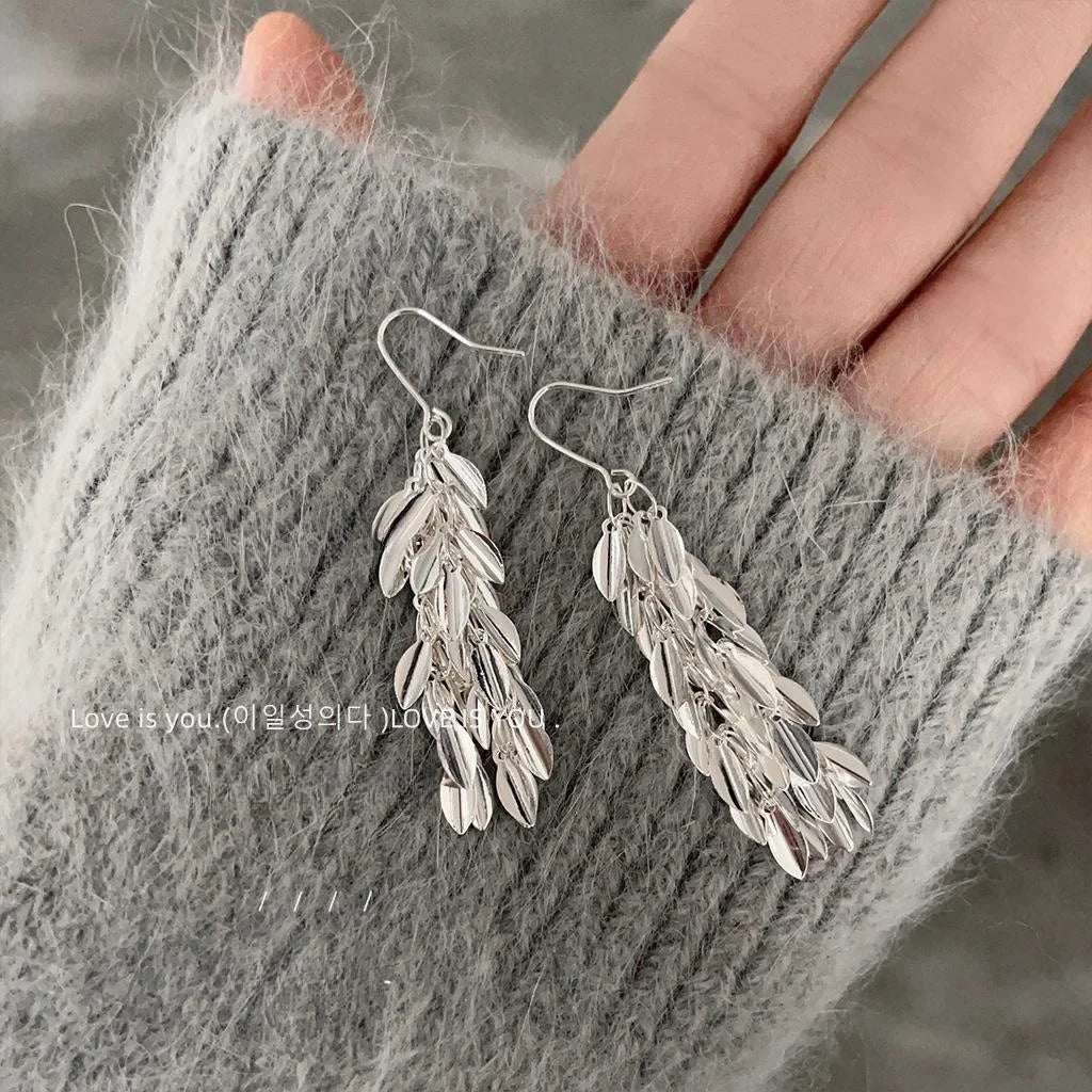 Glossy Copper Leaf Tassel Drop Earrings Trendy Metallic Wheat Inspired Statement Jewelry