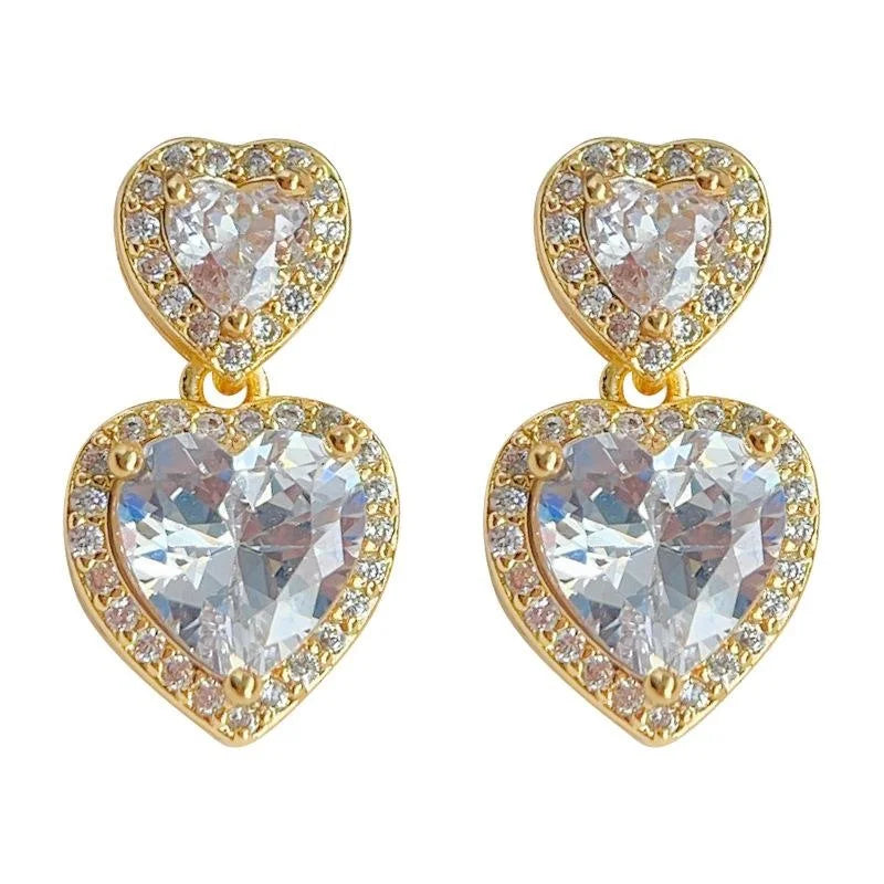 18K Gold Plated Copper Heart Zircon Drop Earrings, Light Luxury Sweet Elegant Jewelry