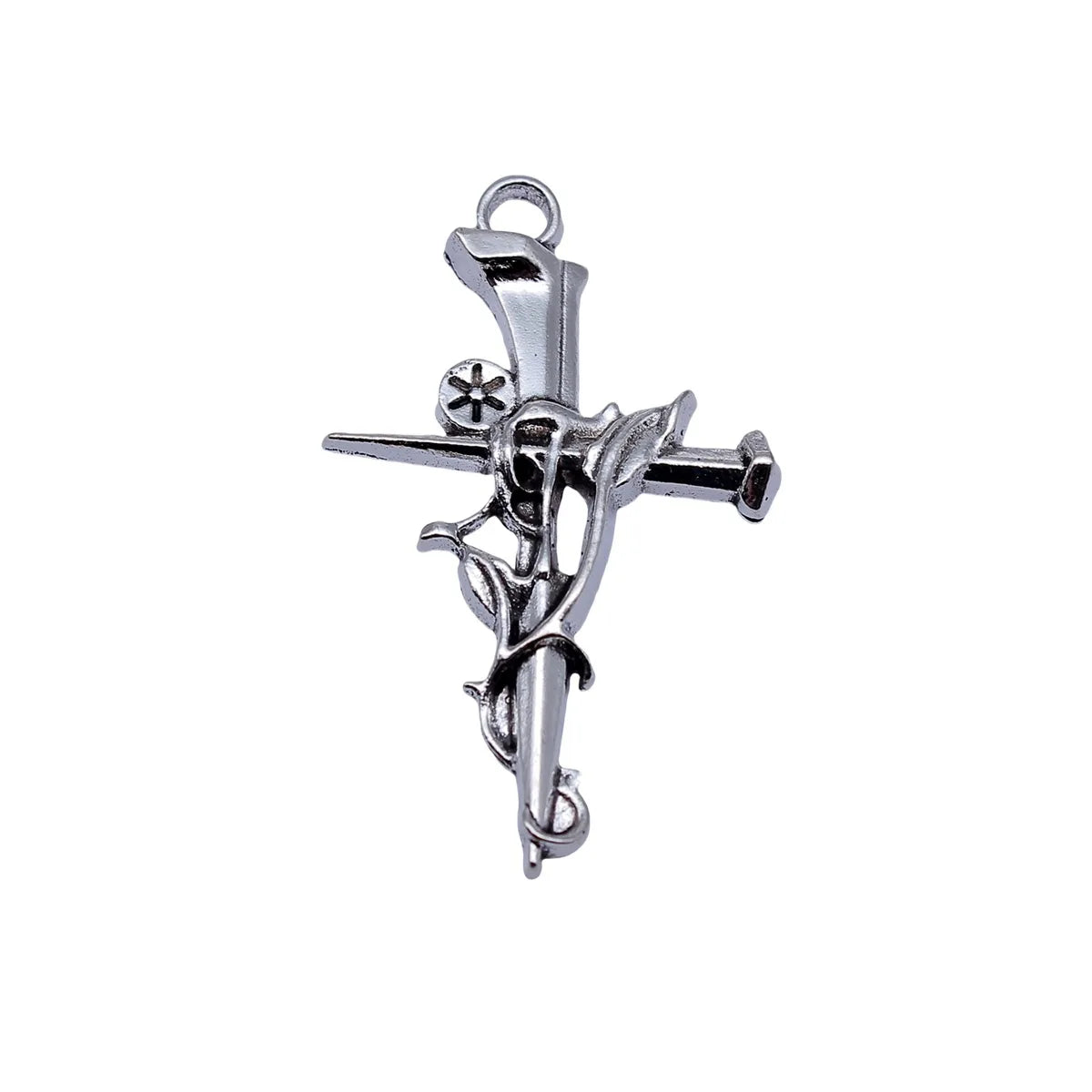 38x23mm 2.3g Antique Silver Zinc Alloy Gothic Rose Nail Cross Charm Pendant for DIY Necklace Making