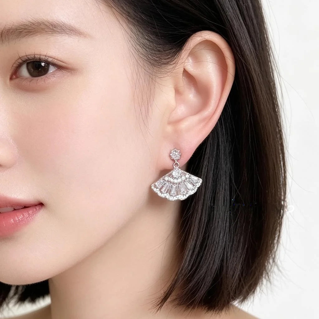 Light Luxury Eco-Friendly Copper Zircon Fan Geometric New Chinese Style Drop Earrings