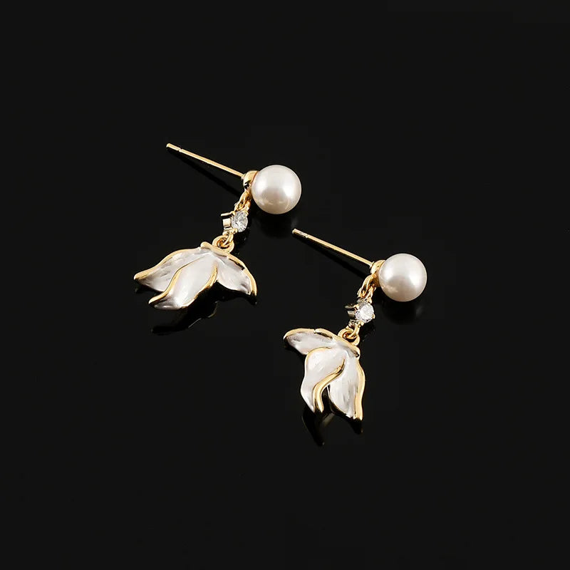 Elegant Pearl Fish Tail Tassel Alloy Enamel Zircon Stud & Clip On No Piercing Drop Earrings