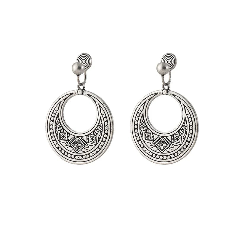 Vintage Ethnic Silver Alloy Hollow Crescent Hoop Drop Stud & Clip On No Piercing Statement Earrings